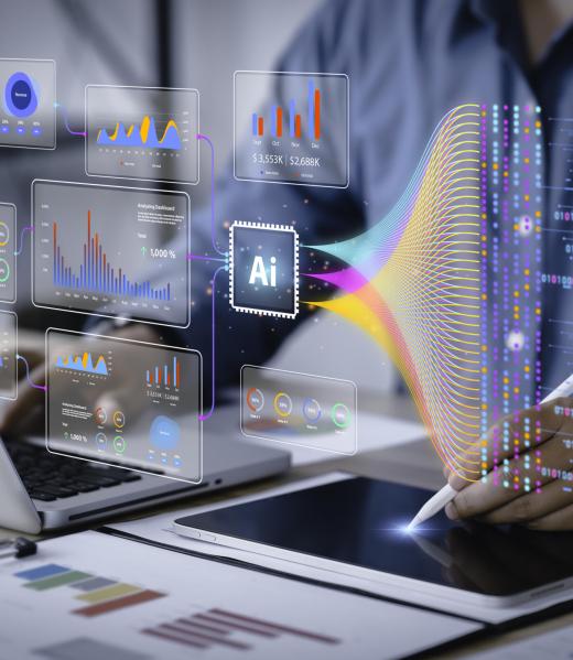 Data analysis science and big data with AI technology. Analyst or Scientist uses a computer and dashboard for analysis of information on complex data sets on computer. Insights development engineer