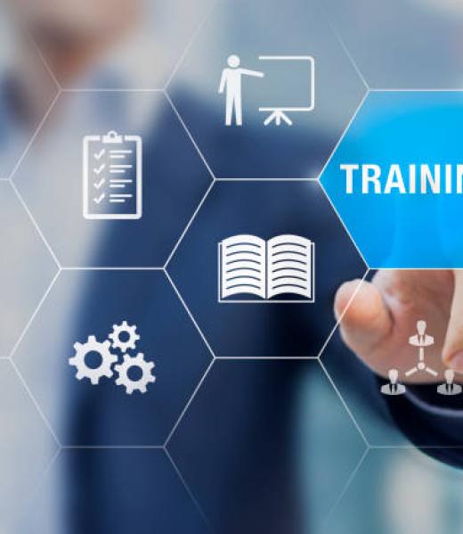 Training and skill development concept with icons of online course, conference, seminar, webinar, e-learning, coaching. Grow knowledge and abilities.